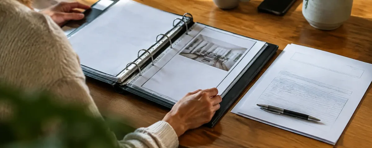 Classeur ouvert sur table, devis papier pose a cote