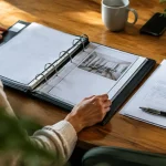 Classeur ouvert sur table, devis papier pose a cote
