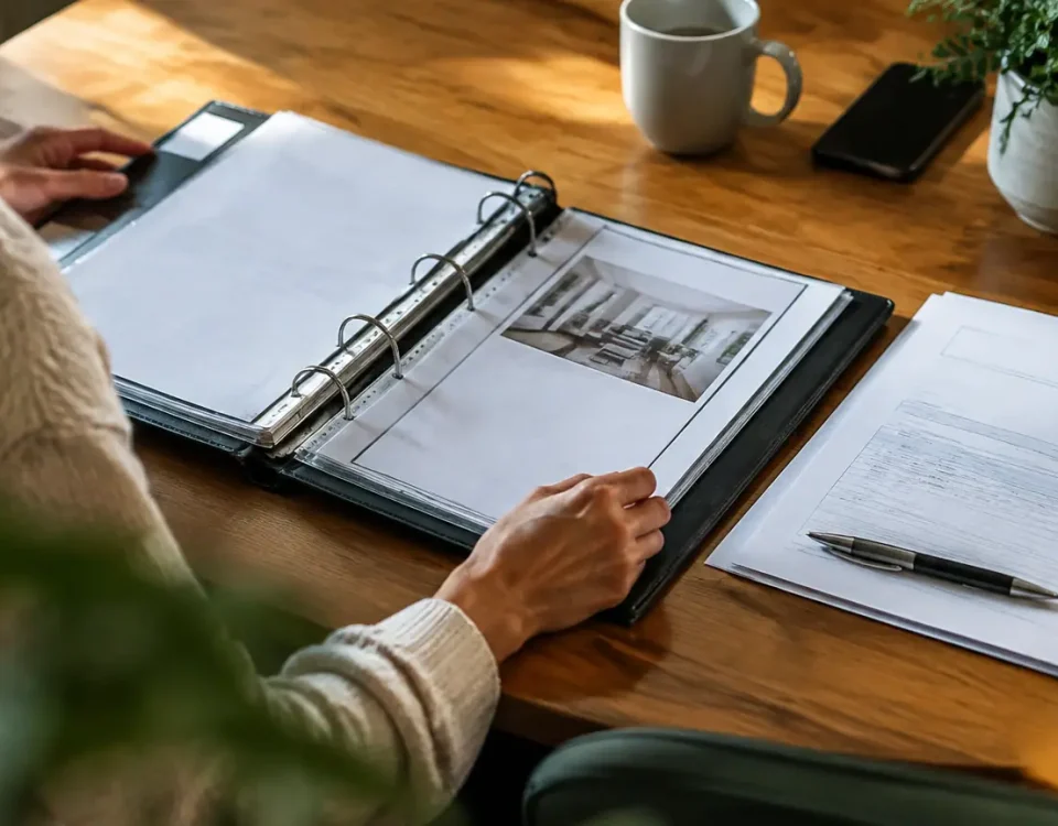 Classeur ouvert sur table, devis papier pose a cote