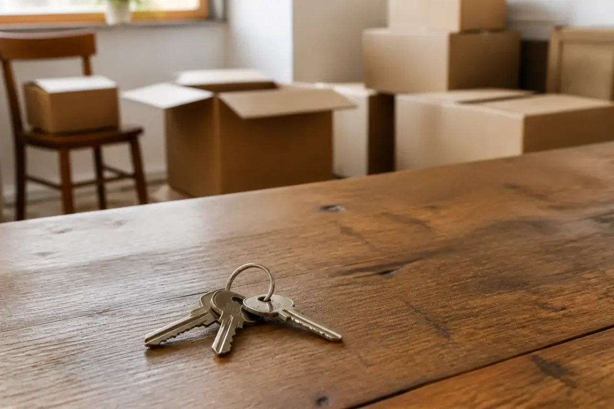 Cles posees sur une table pres de cartons