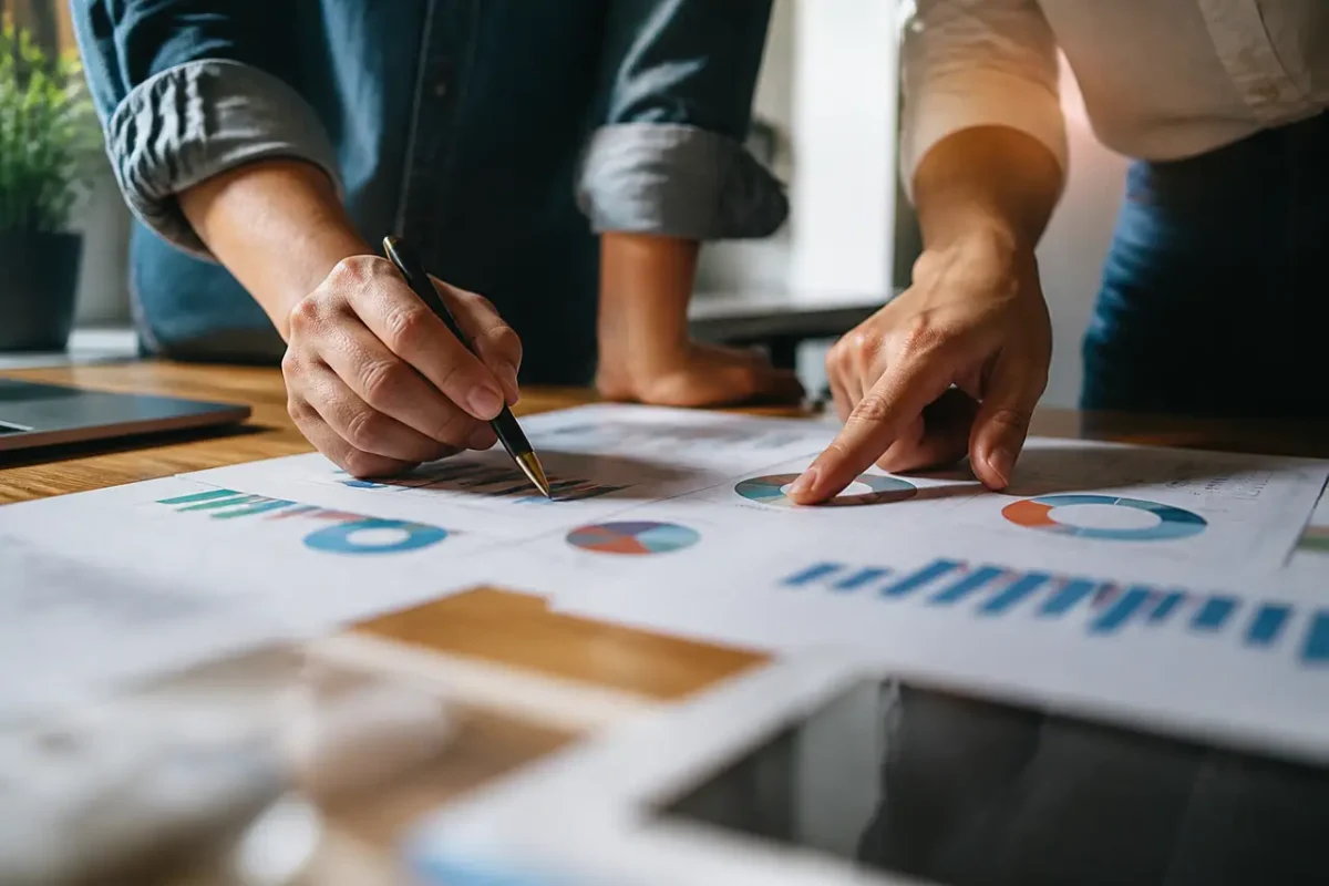 Deux collegues analysent des graphiques colores sur un bureau