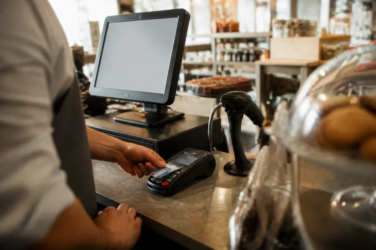 Commercant derriere une caisse avec terminal de paiement
