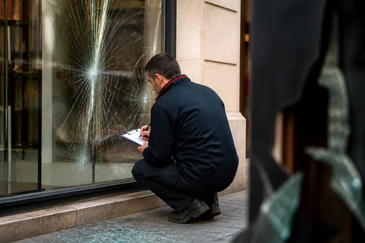 Commercant remplissant un constat pres dune vitrine brisee