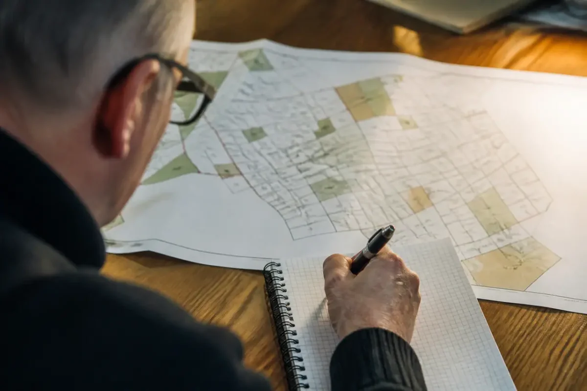 Commissaire enqueteur prenant des notes devant plan parcellaire