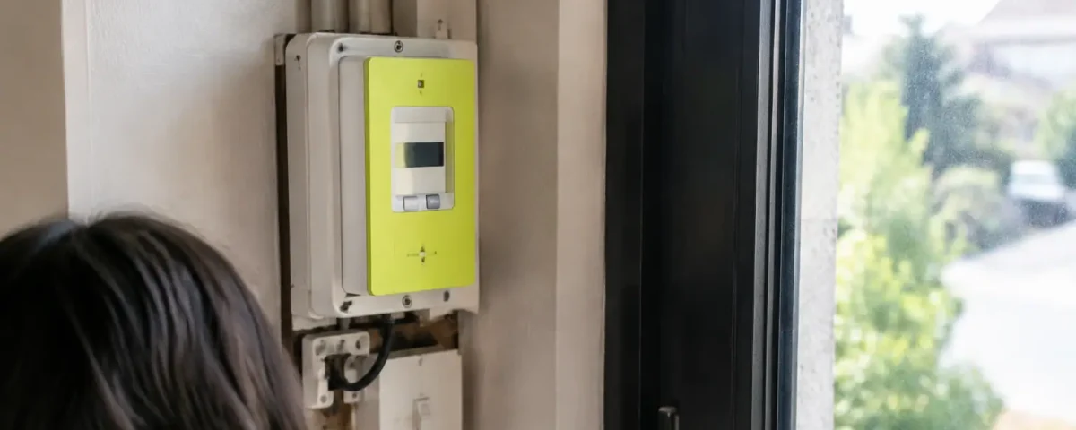 Compteur electrique pose debout pres d une fenetre sombre