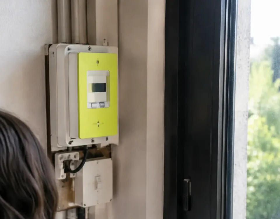 Compteur electrique pose debout pres d une fenetre sombre