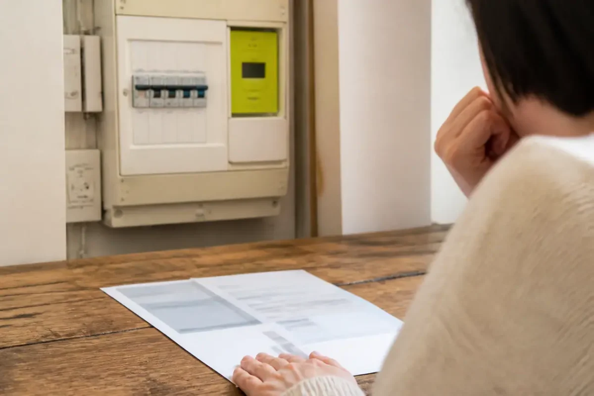 Compteur electrique avec facture sur table en bois