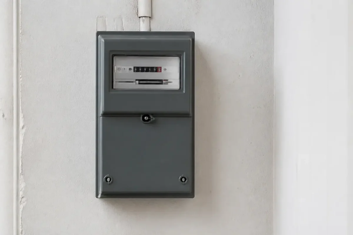 Compteur electrique gris fixe sur mur blanc