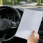 Conducteur assis au volant tenant un papier