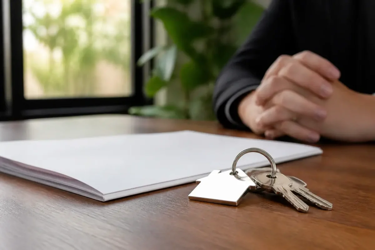 Contrat de bail et trousseau de cles sur bureau