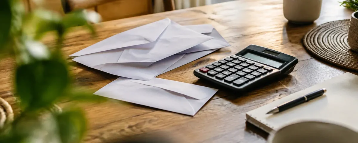 Couple assis devant enveloppes et calculatrice sur table