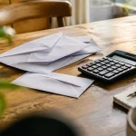 Couple assis devant enveloppes et calculatrice sur table