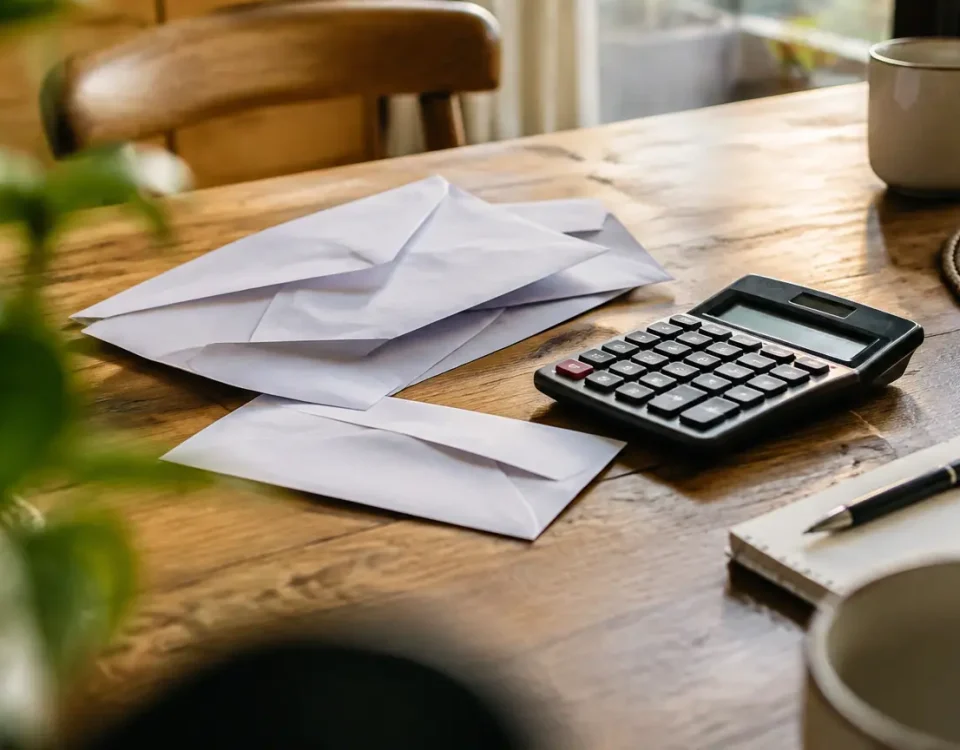 Couple assis devant enveloppes et calculatrice sur table