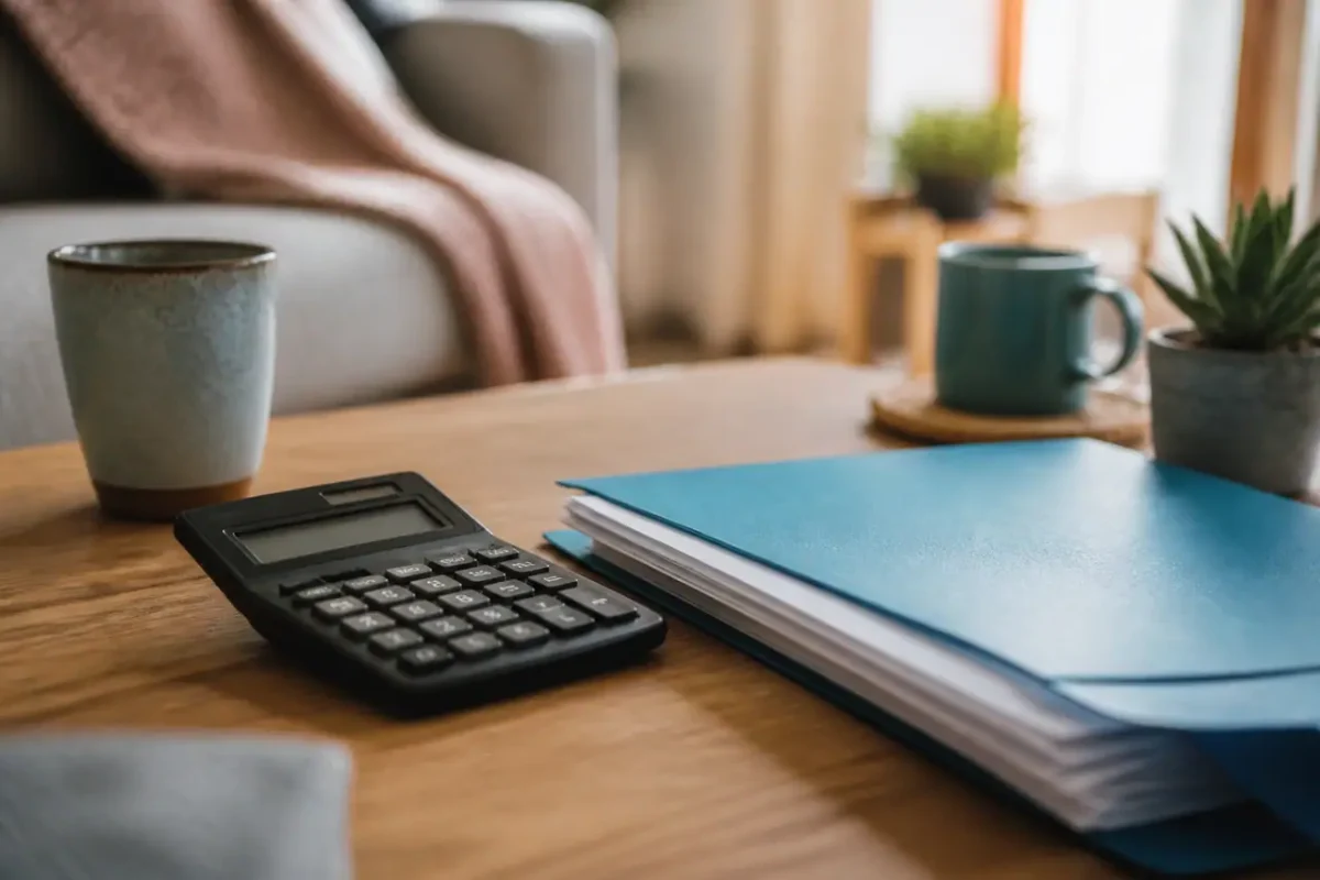 Couple assis devant une calculatrice et un dossier bancaire