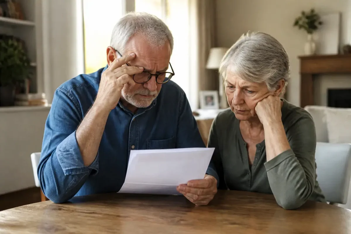 Couple senior pensif devant une facture papier sur table