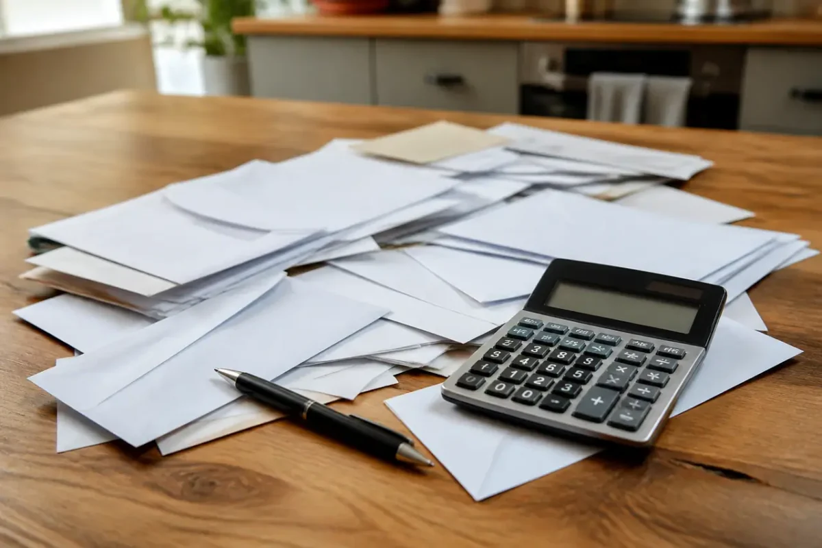 Table de cuisine avec enveloppes administratives calculatrice et stylo
