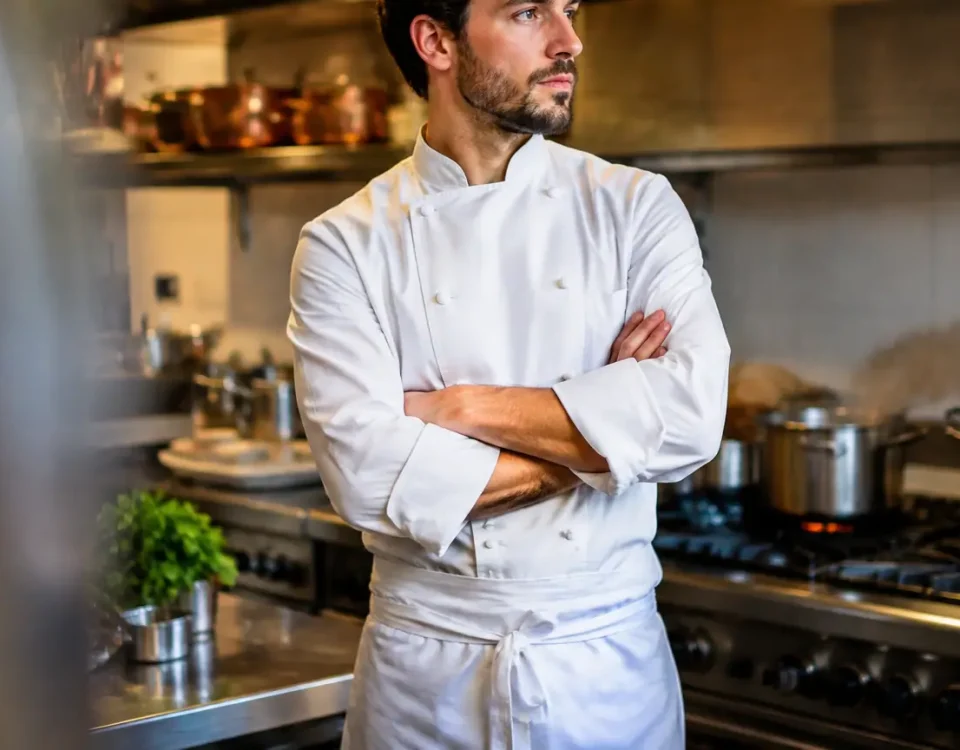Cuisinier en veste blanche bras croises devant ses fourneaux