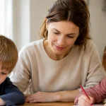 Une dame assise a table avec deux enfants