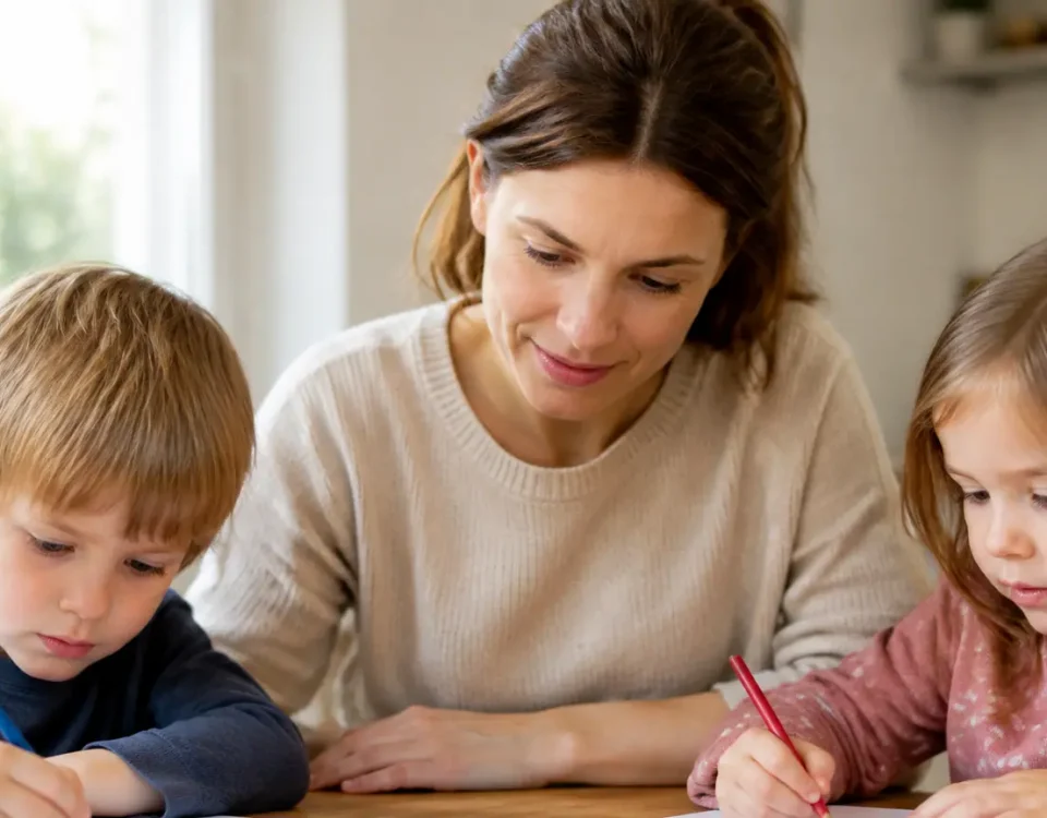 Une dame assise a table avec deux enfants