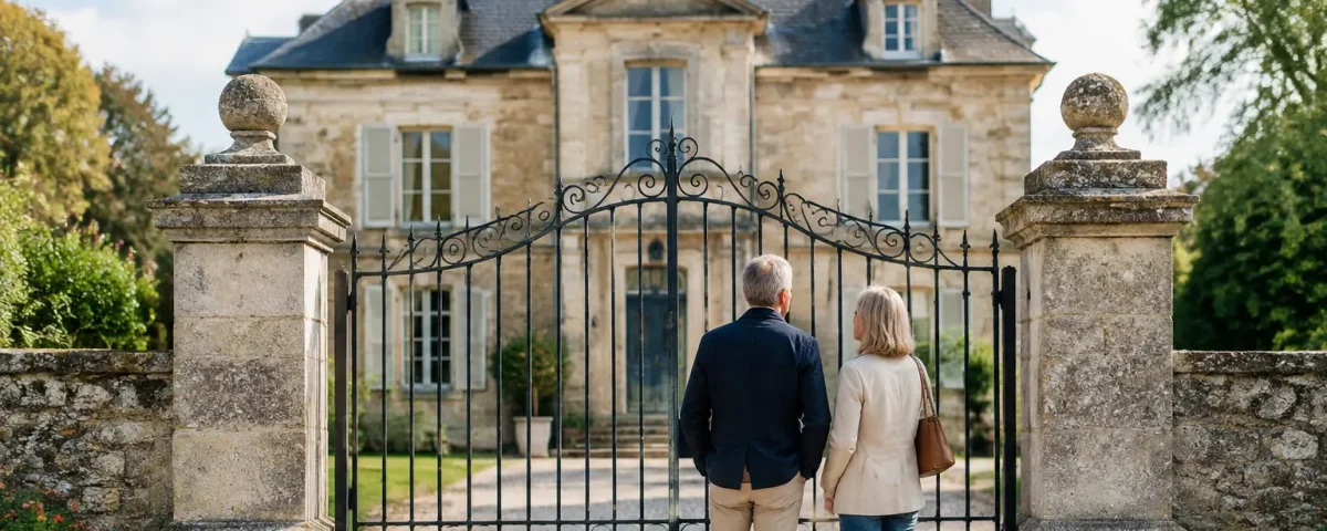 Grande demeure ancienne, deux adultes debout devant le portail
