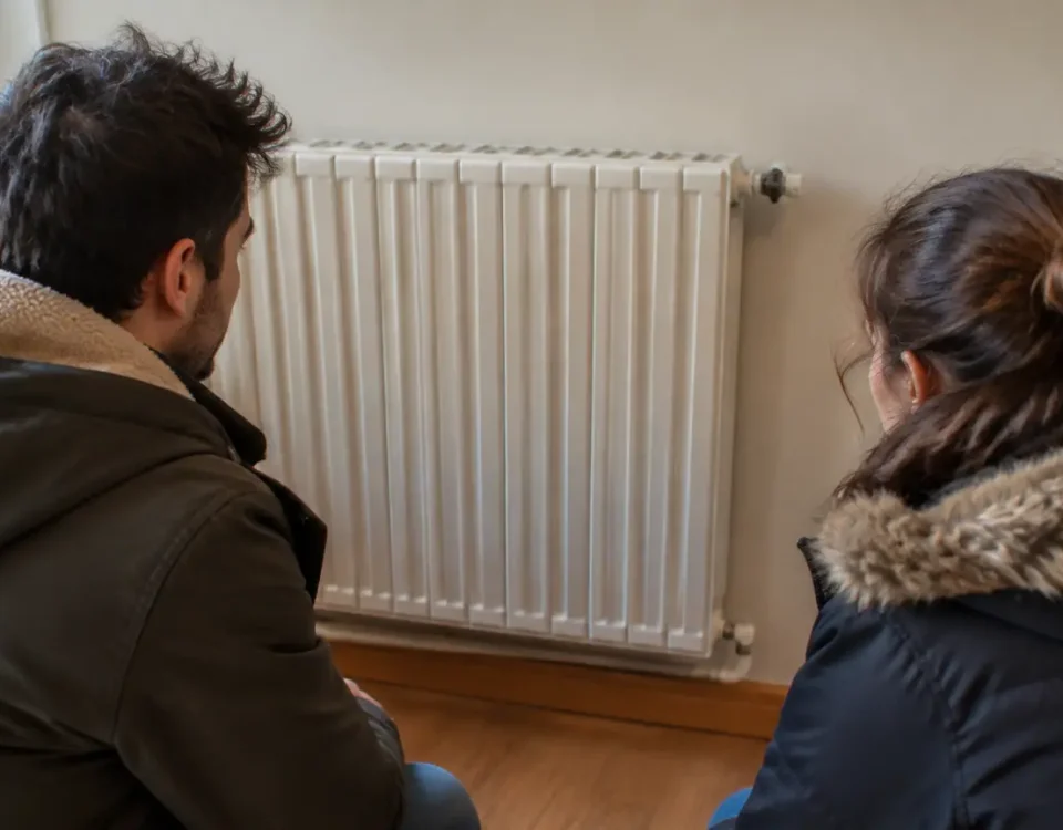 Deux adultes en manteau assis devant un radiateur eteint