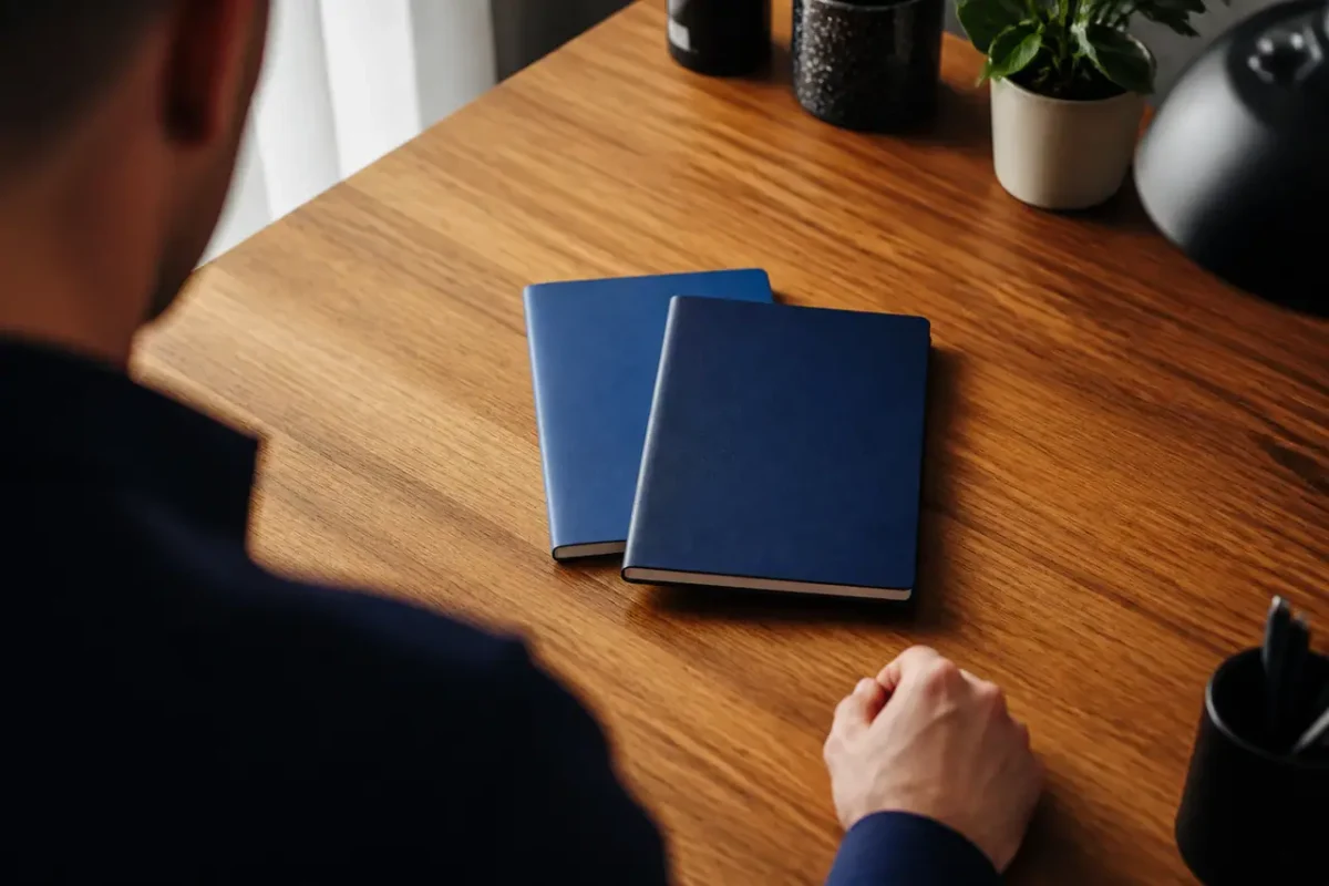 Deux carnets bleus poses sur un bureau en bois
