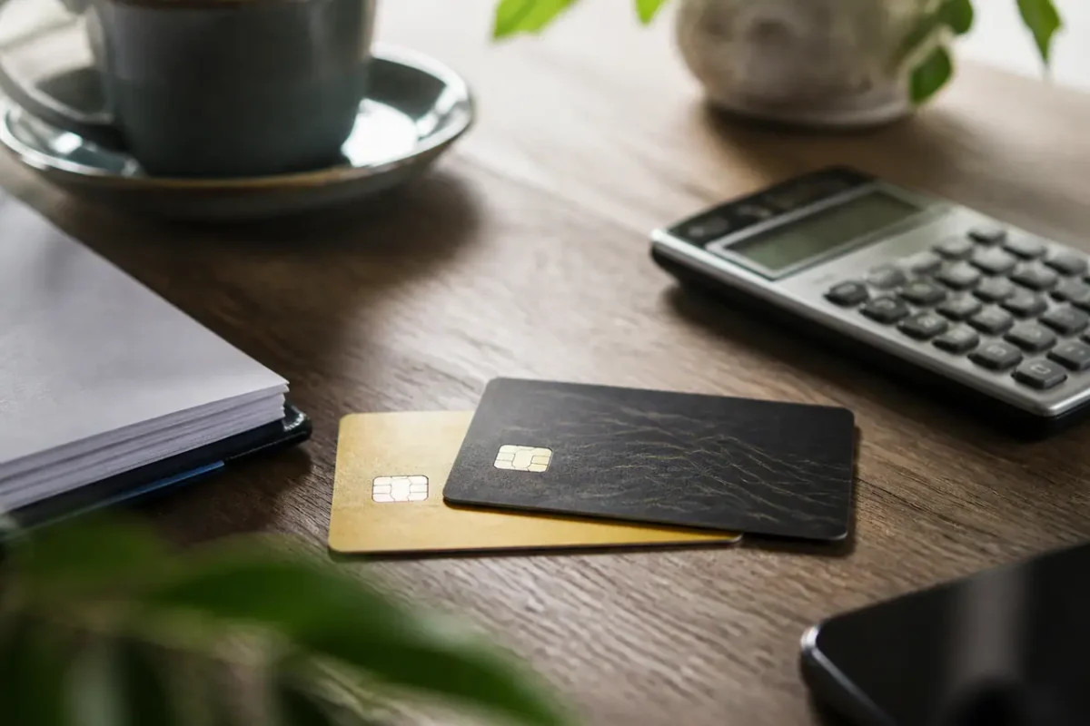 Deux cartes bancaires posees sur un bureau avec calculatrice