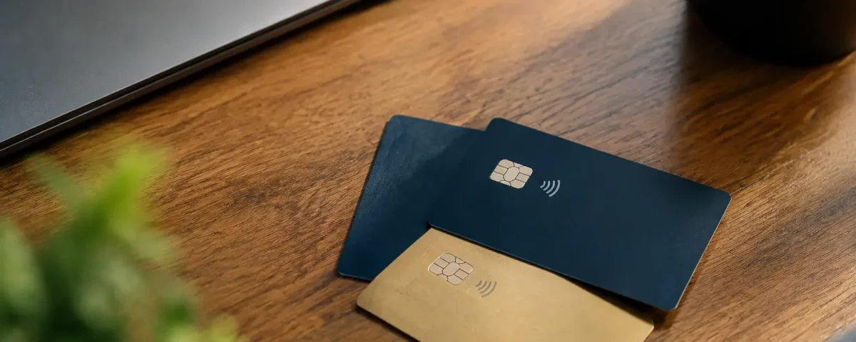Deux cartes bancaires posees sur un bureau en bois
