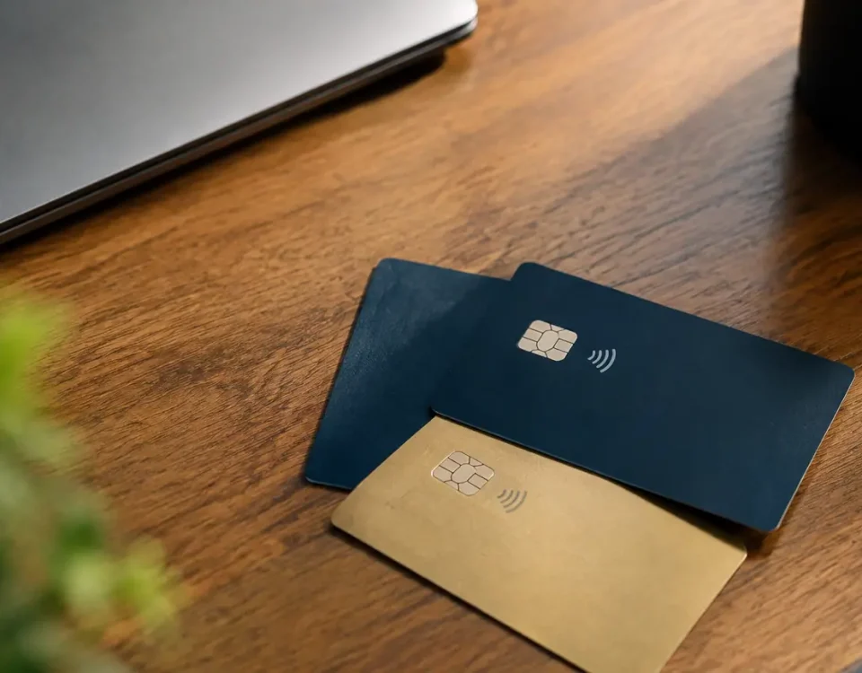 Deux cartes bancaires posees sur un bureau en bois