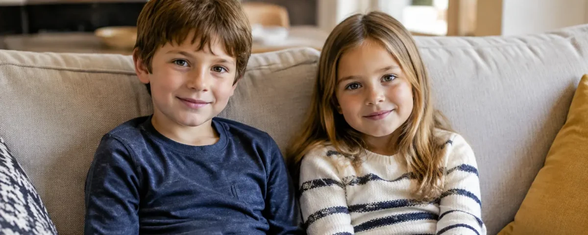 Deux enfants assis cote a cote sur un canape