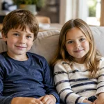 Deux enfants assis cote a cote sur un canape
