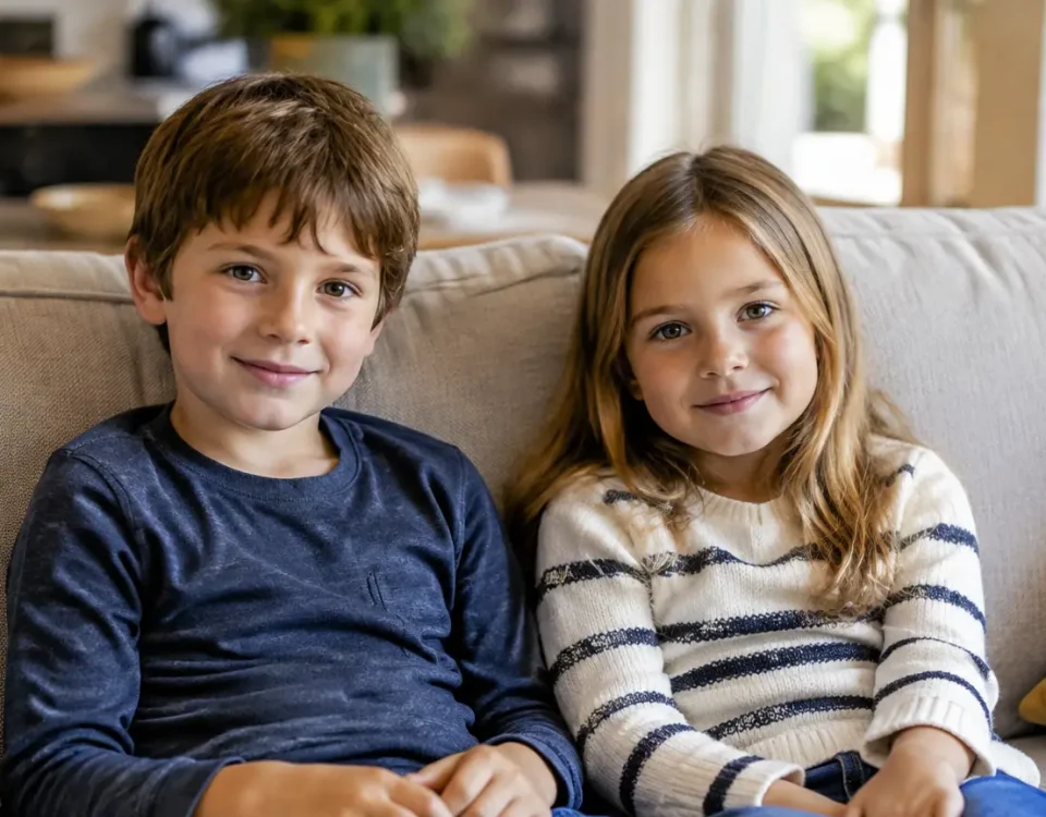 Deux enfants assis cote a cote sur un canape