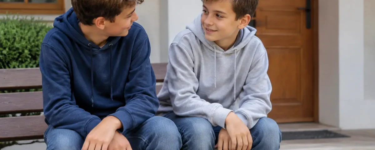 Deux freres assis sur un banc devant une maison