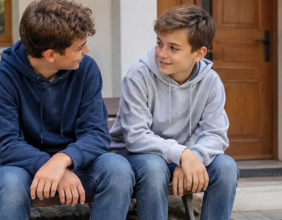 Deux freres assis sur un banc devant une maison