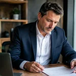 Dirigeant pose une fiche de paie sur son bureau