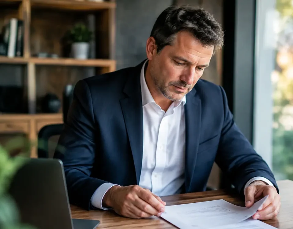 Dirigeant pose une fiche de paie sur son bureau