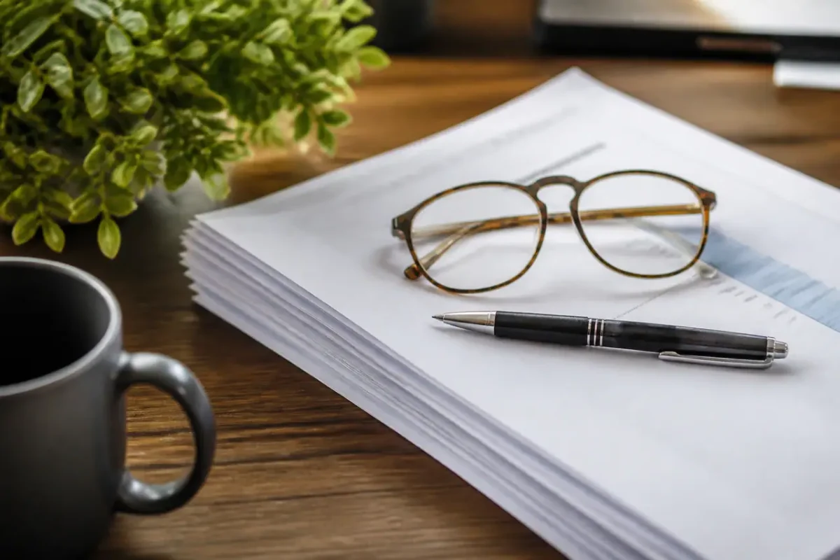 Documents épargne imprimés avec stylo et lunettes sur bureau