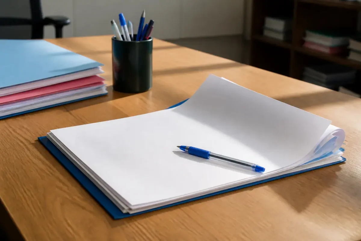 Dossier administratif ouvert sur bureau avec stylo bleu