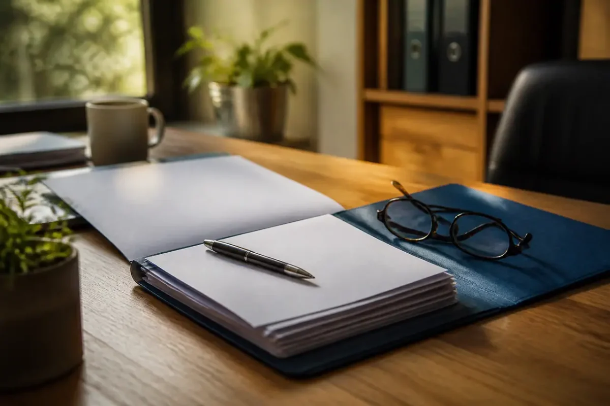 Dossier assurance ouvert sur bureau avec stylo et lunettes