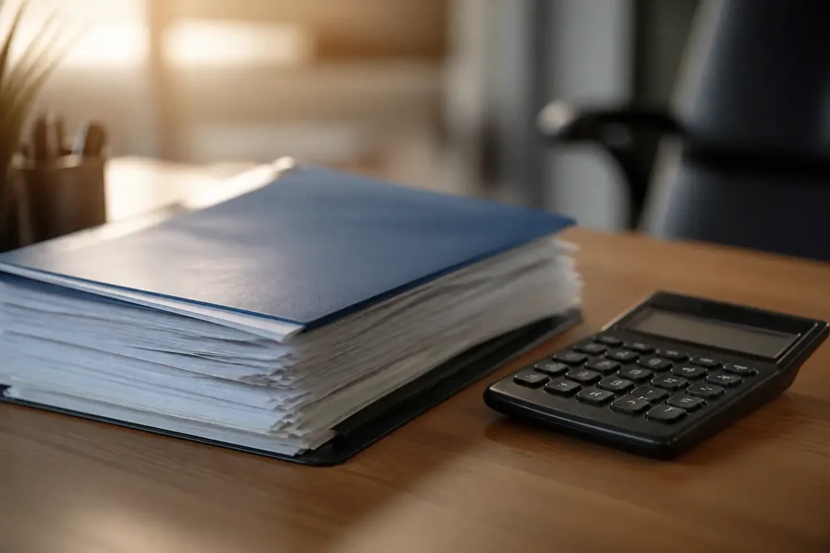 Dossier papier et calculatrice poses sur un bureau