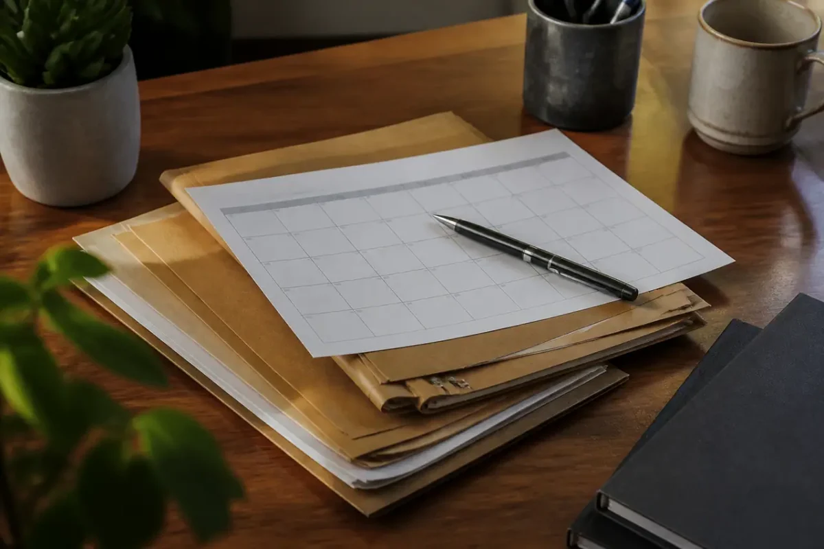 Dossier papier stylo calendrier sur bureau