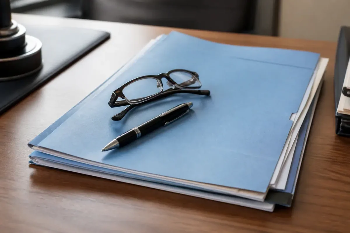 Dossier papier, stylo et lunettes sur un bureau