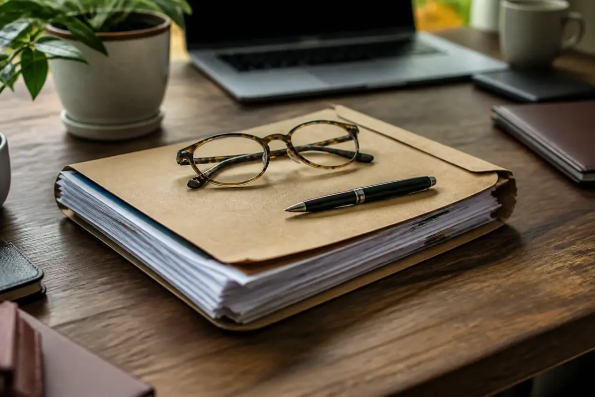 Dossier papier, stylo et lunettes sur un bureau