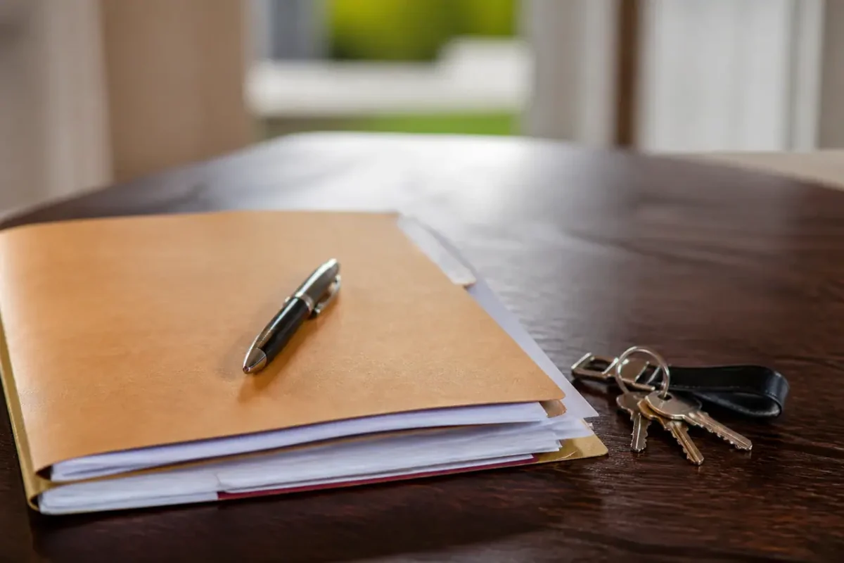 Dossier papier, stylo et trousseau de cles sur table
