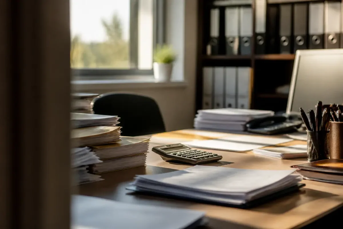 Dossiers papier et calculatrice sur un bureau administratif