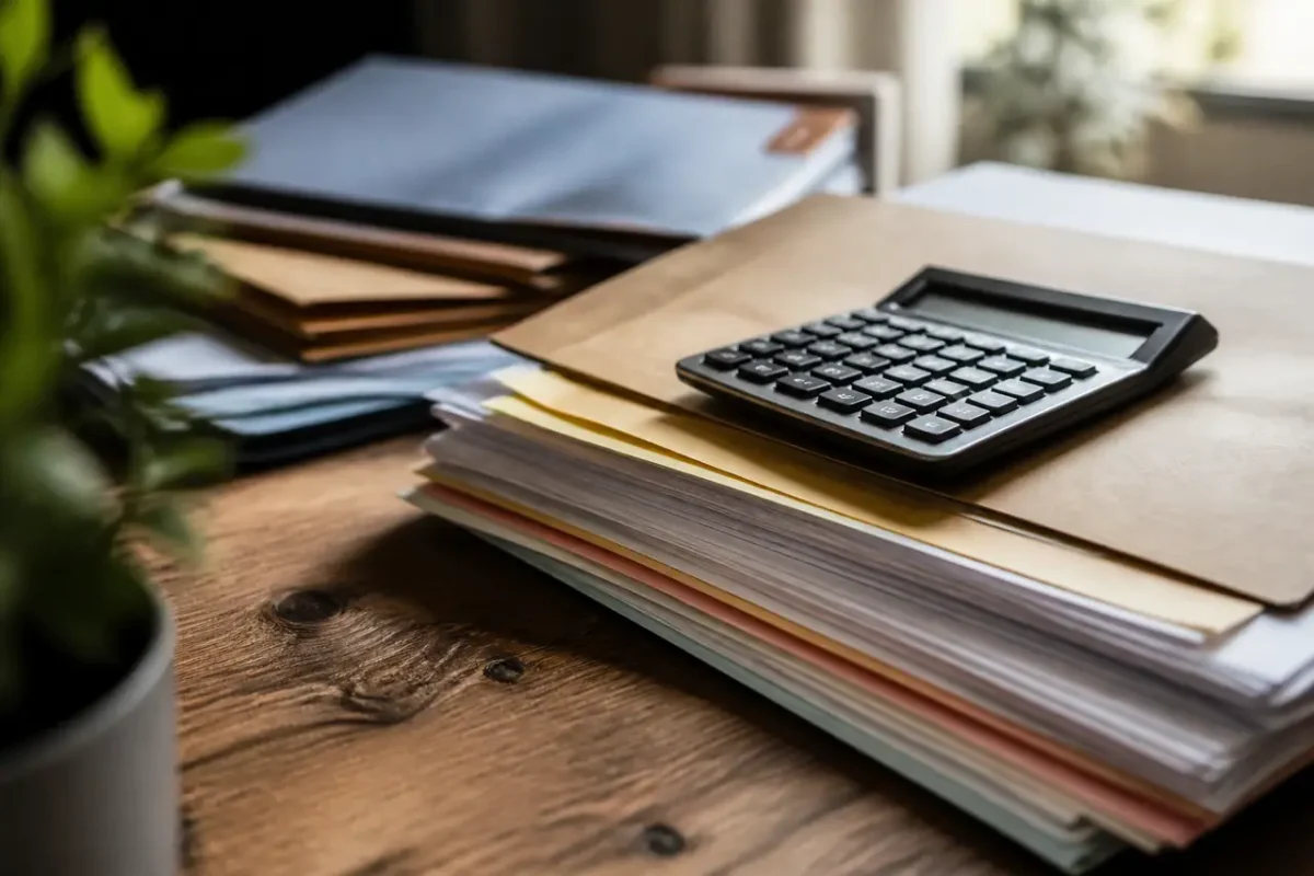 Dossiers papier et calculatrice sur une table en bois