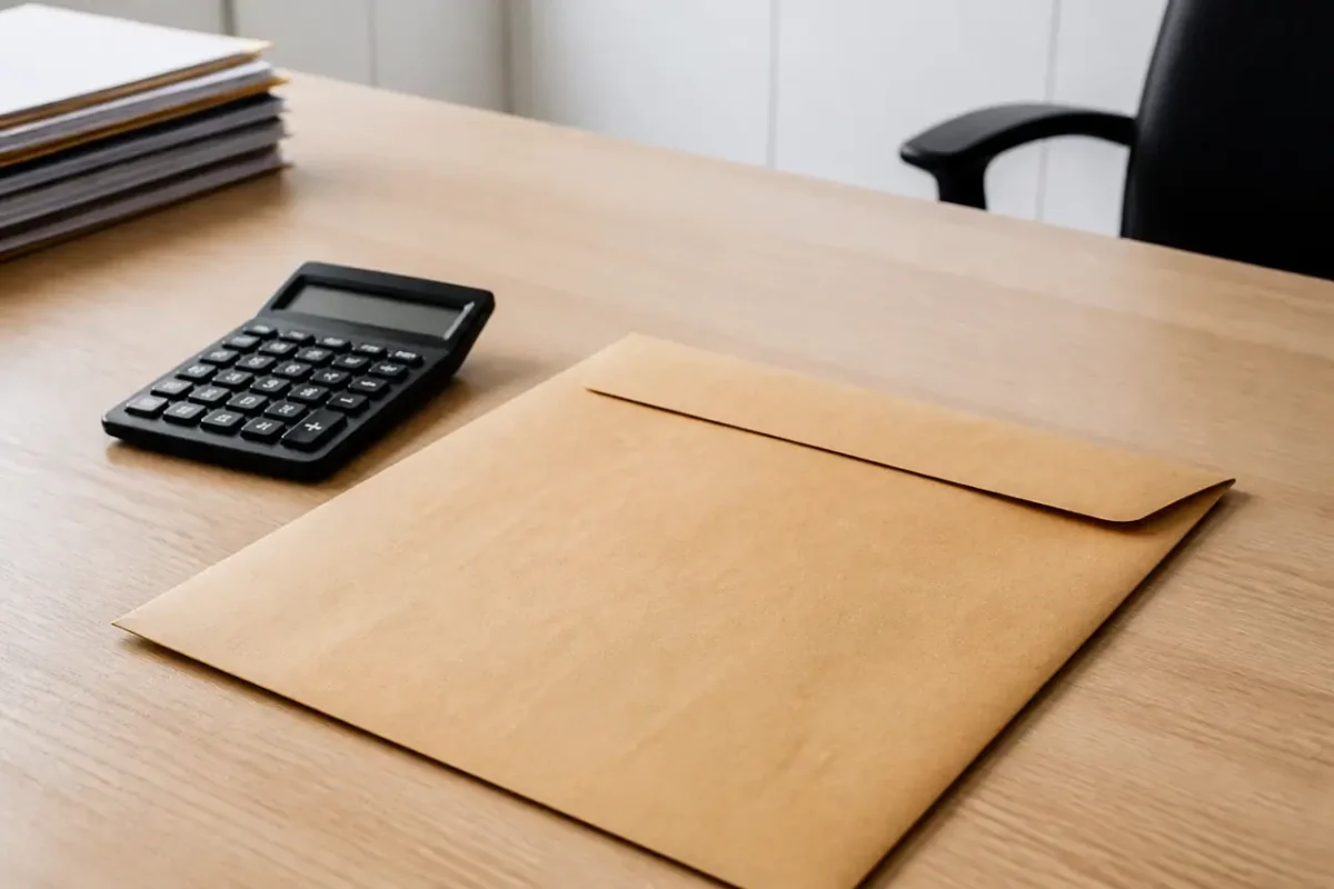 Enveloppe administrative et calculatrice posees sur un bureau clair