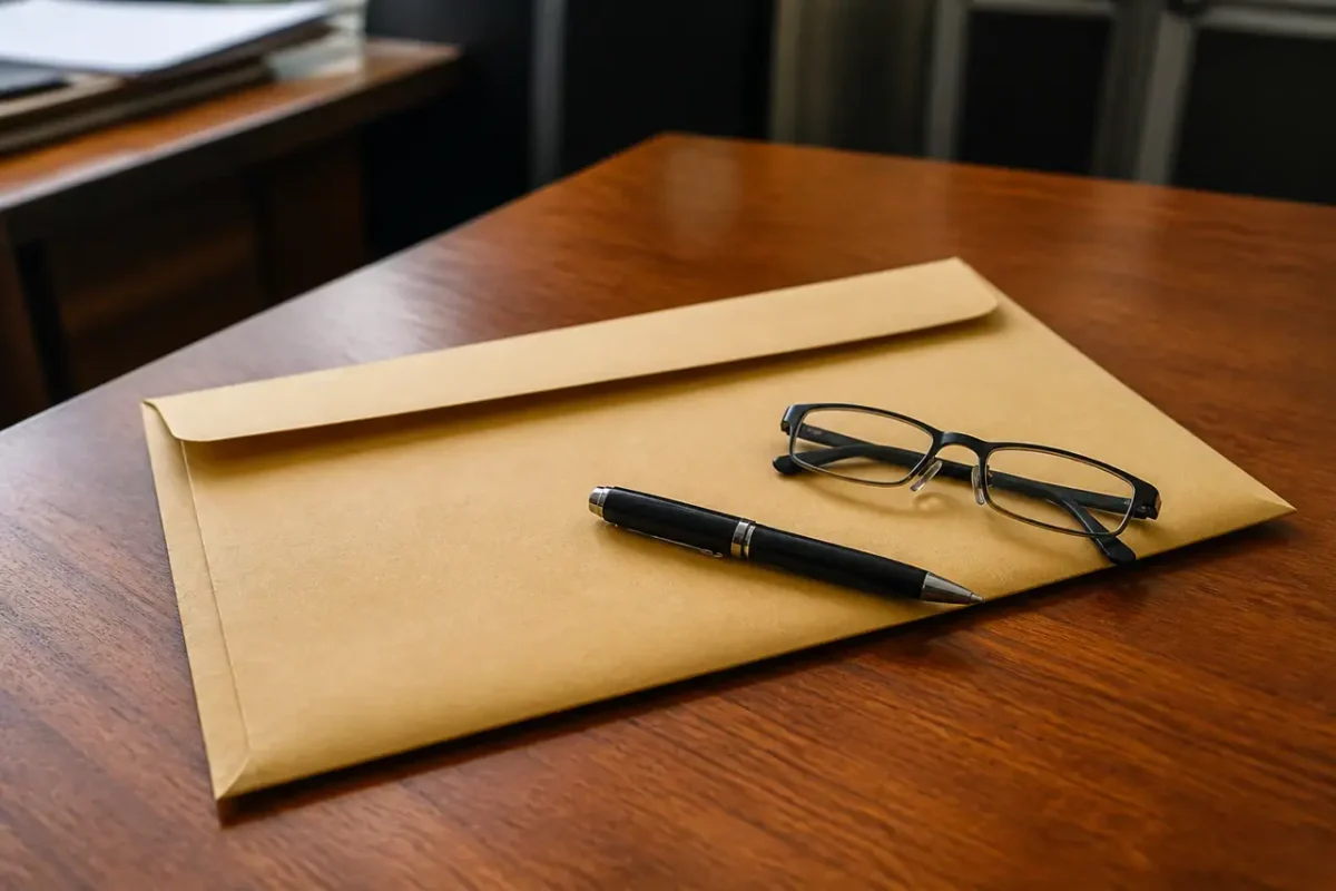 Enveloppe administrative stylo et lunettes sur bureau en bois