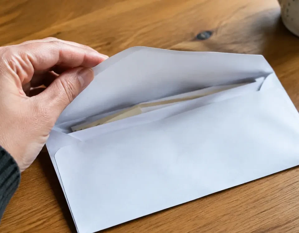 Enveloppe ouverte posee sur une table en bois