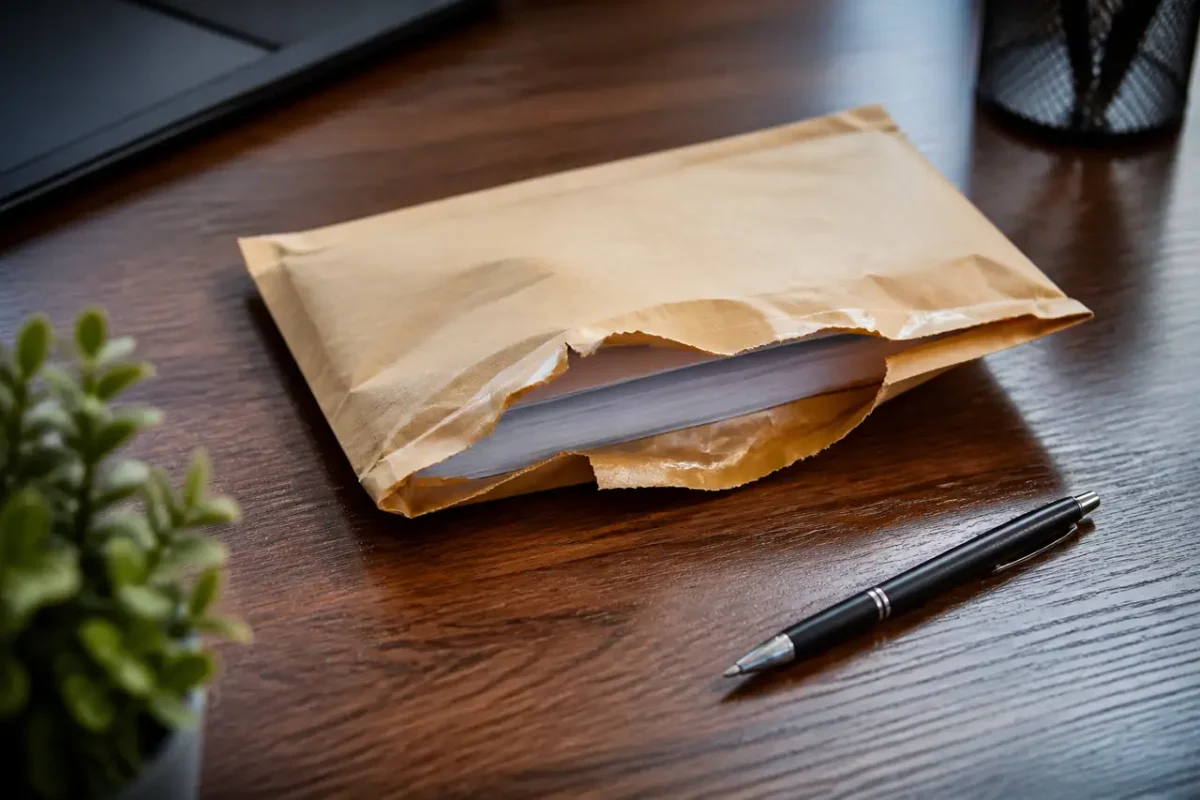 Enveloppe recommandee ouverte sur un bureau avec stylo